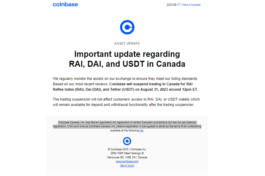 Coinbase Suspends Tether, DAI, and RAI Stablecoins