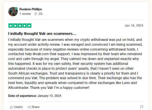 Positive VALR Review on Trustpilot