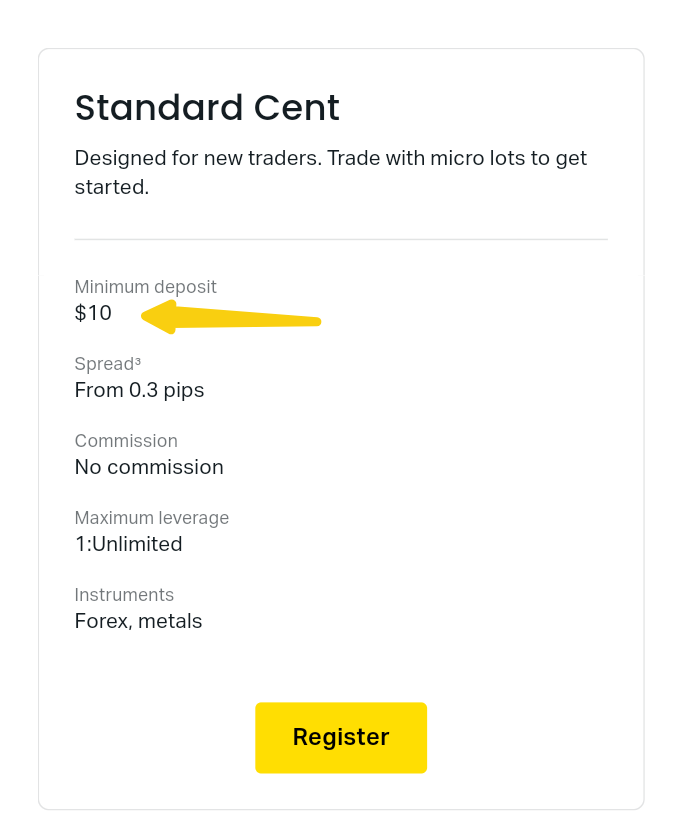 Exness Standard Cent account minimum deposit 