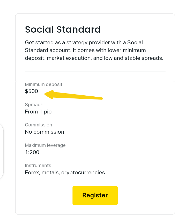 Exness Social Standard account minimum deposit. Screenshot Source: Exness