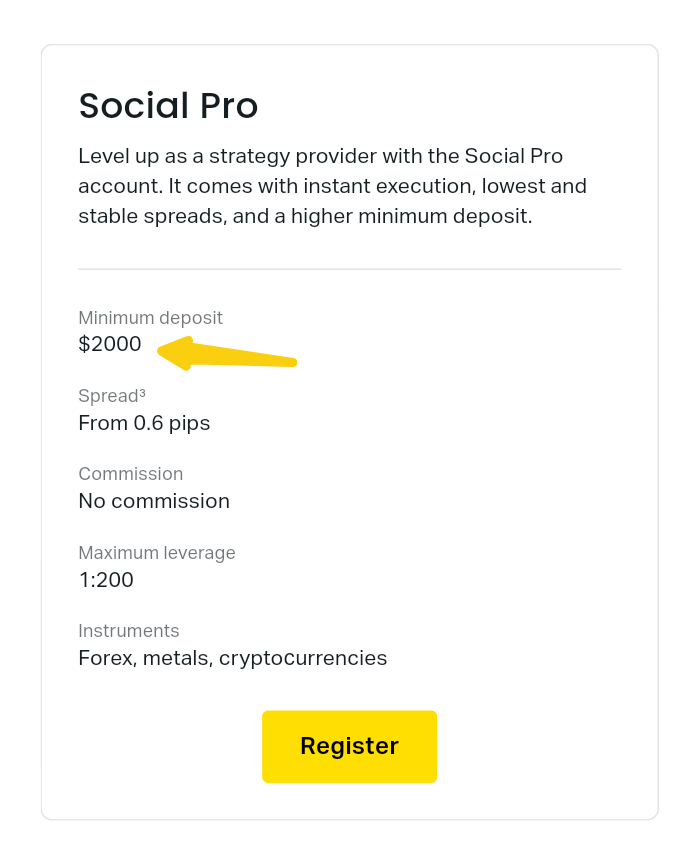 Exness Social Pro account minimum deposit. Screenshot Source: Exness