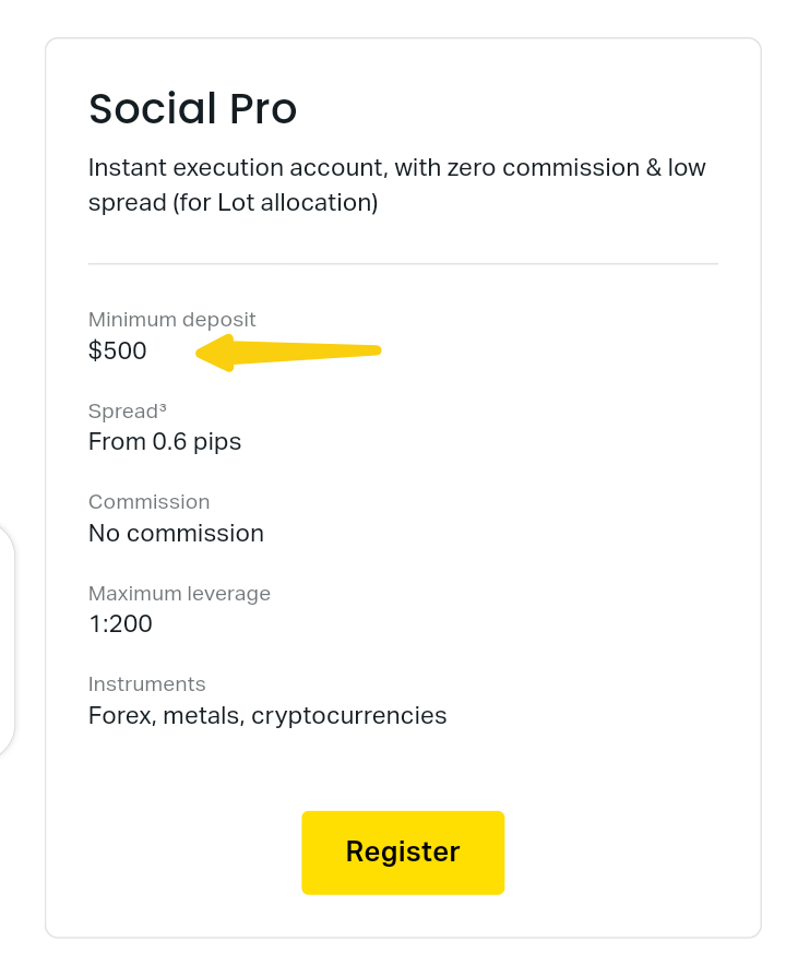 Exness Social Pro account minimum deposit. Screenshot Source: Exness