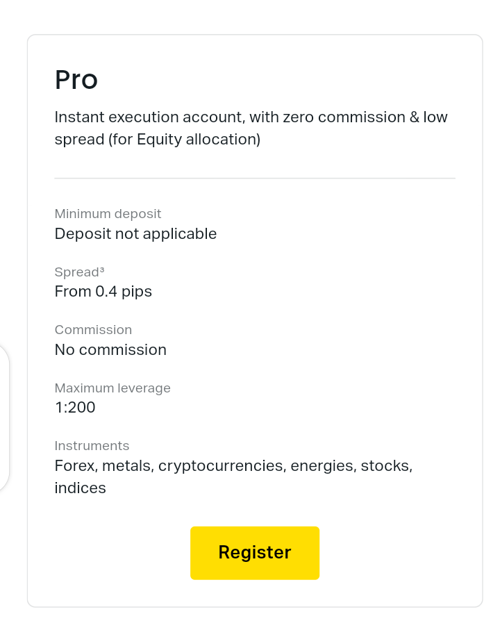 Exness Pro account minimum deposit. Screenshot Source: Exness