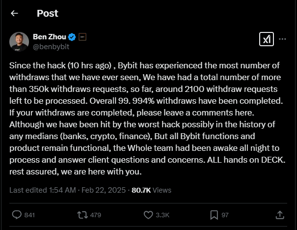 CEO Ben Zhou assures withdrawals will continue, while security teams investigate how the hackers compromised Bybit’s cold wallet.