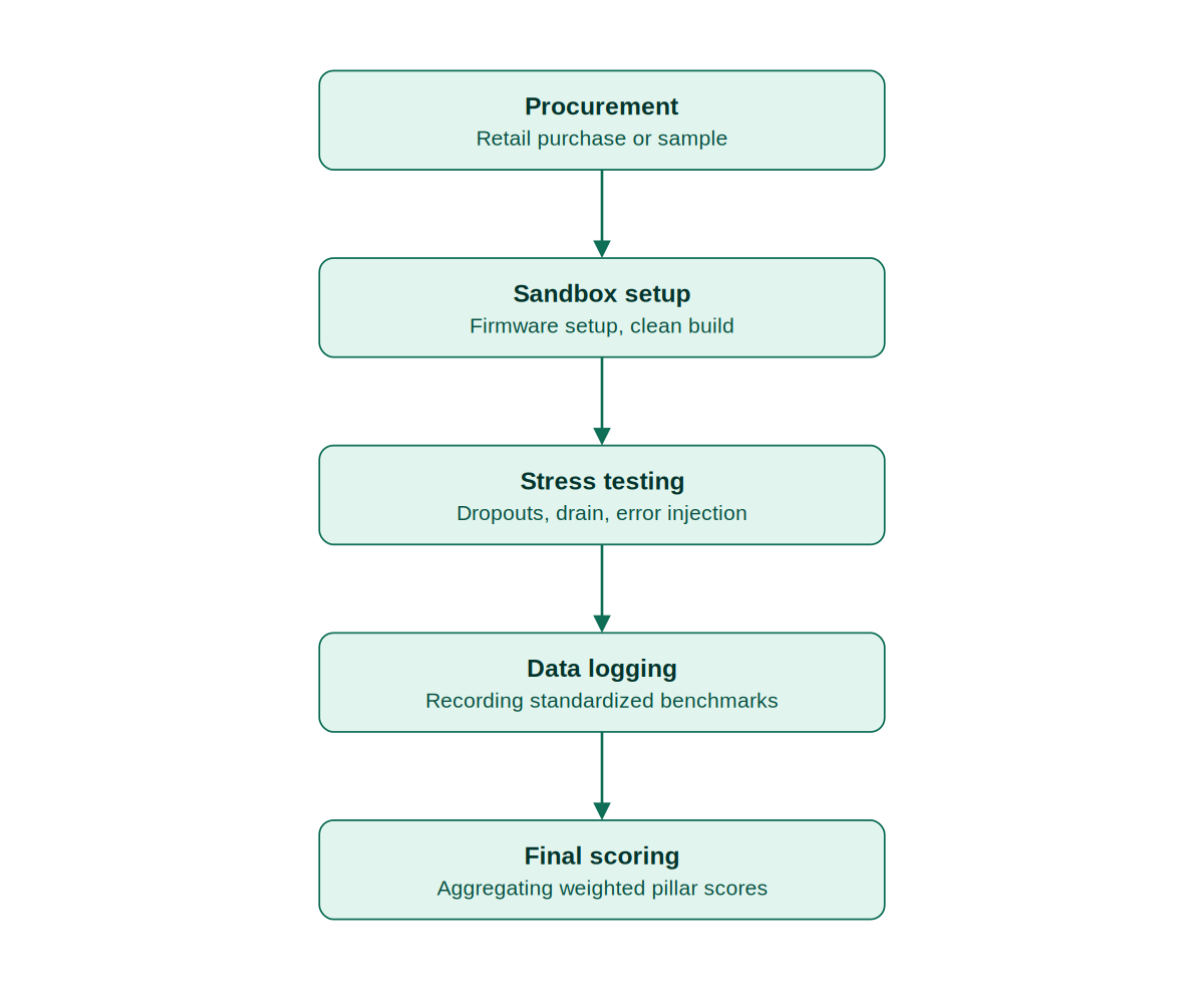 MarketsXplora five-step testing protocol: procurement, sandbox setup, stress testing, data logging, final scoring.