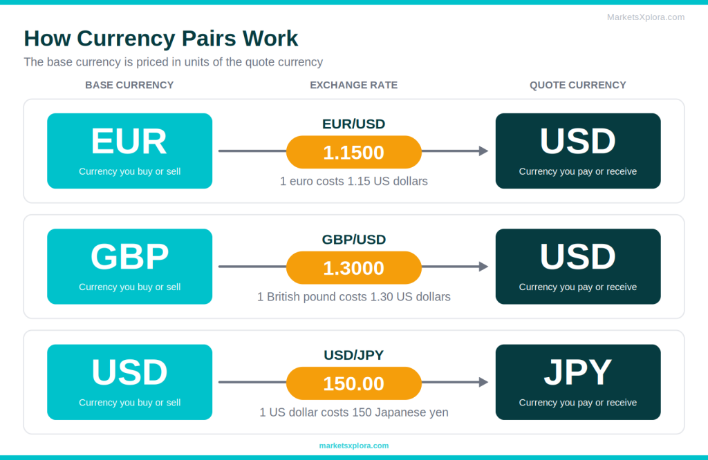 Diagram showing base currency, quote currency and exchange rate for EUR/USD, GBP/USD and USD/JPY