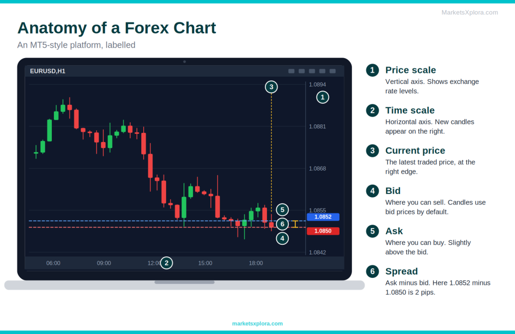 MT5-style forex chart with labels for price scale, time scale, current price, bid, ask and spread