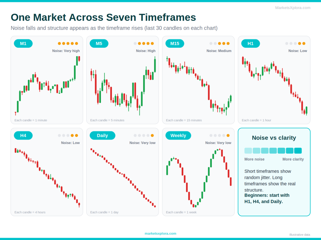 One EUR/USD market shown on seven timeframes from M1 to weekly, showing noise falling on higher timeframes