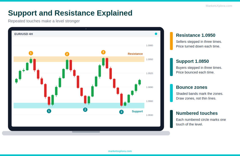 EUR/USD chart showing a support level, a resistance level and multiple touches with bounce zones highlighted