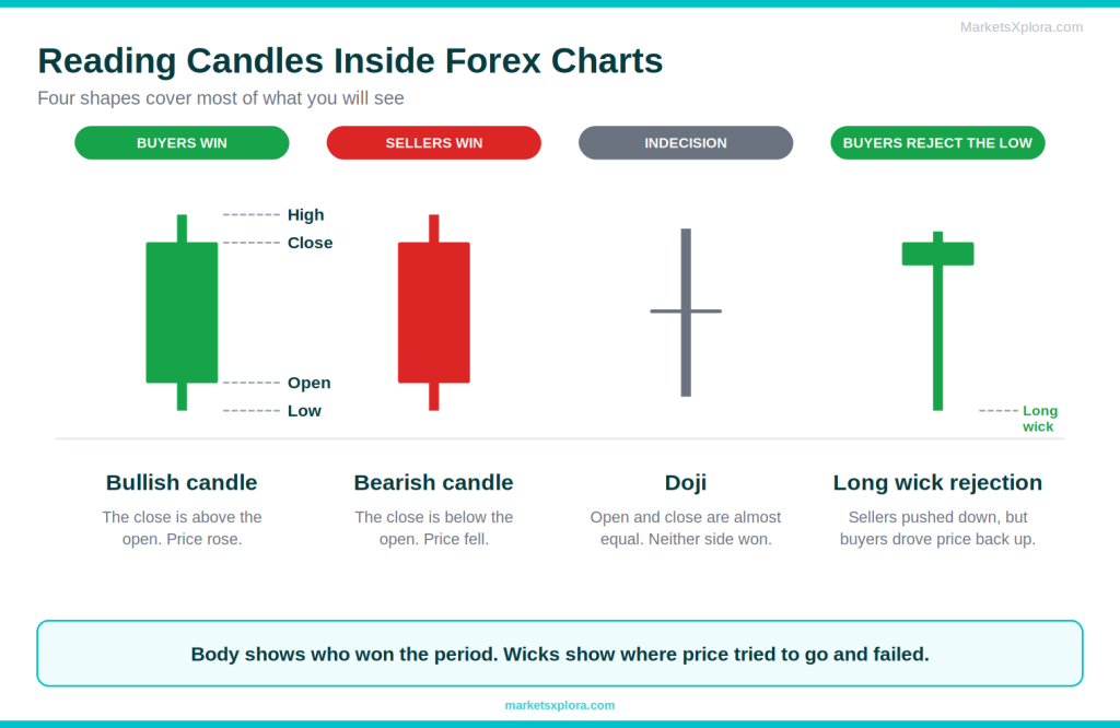 Four candles showing a bullish candle, a bearish candle, a doji and a long wick rejection candle