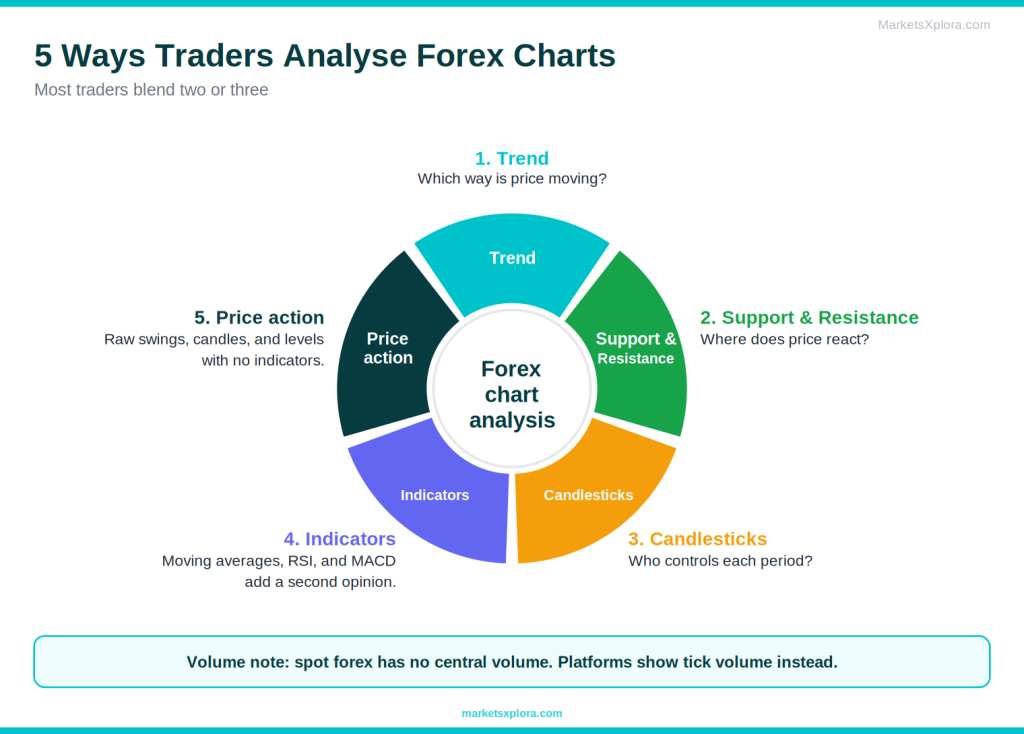 Wheel infographic showing five ways traders analyse forex charts: trend, support and resistance, candlesticks, indicators and price action