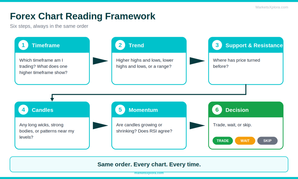 Flowchart of the forex chart reading framework from timeframe to trend, support and resistance, candles, momentum and decision