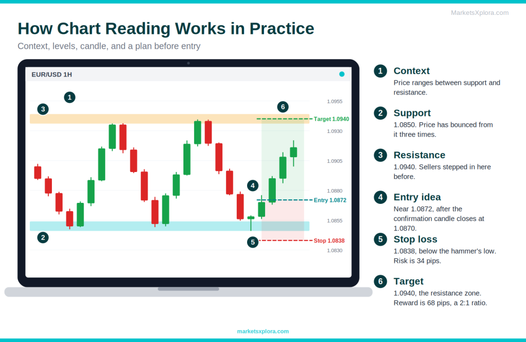 Annotated EUR/USD chart showing trend, support, resistance, entry idea, stop loss and target