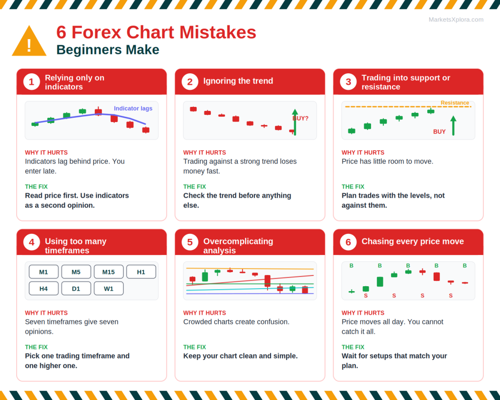 Infographic of six forex chart reading mistakes that beginners make