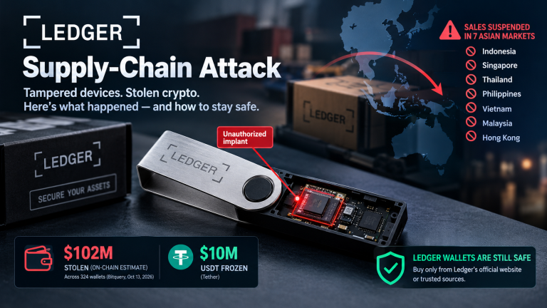 Ledger hardware wallet supply-chain attack illustration showing a tampered device, $102 million in estimated crypto theft, $10 million in frozen USDT, and sales suspensions across seven Asian markets.