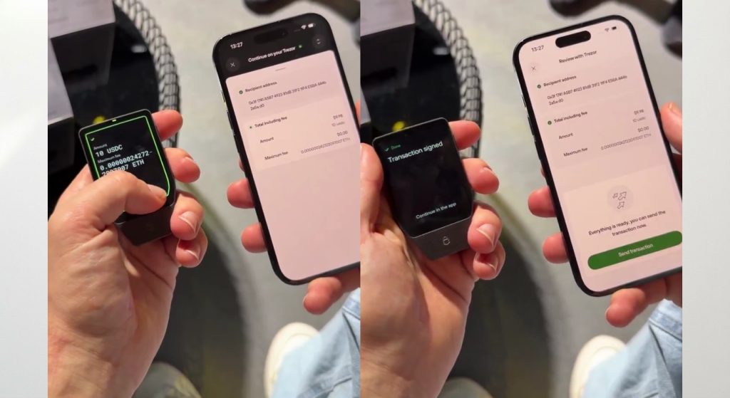 Trezor Safe 7 screens showing a USDC transaction confirmation an address verification