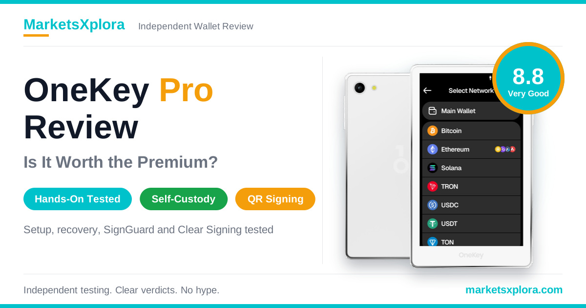 OneKey Pro hardware wallet showing its network list on the touchscreen, in front of the white back panel, beside the headline “OneKey Pro Review” and an 8.8 Very Good rating badge.