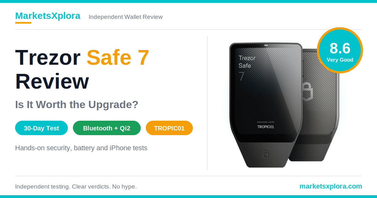 Trezor Safe 7 hardware wallet, front and back view, with its 8.6 out of 10 MarketsXplora review score